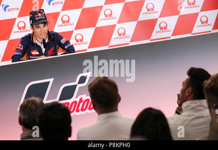 12. Juli 2018, Deutschland, Hohenstein-Ersntthal, Motorsport, Grand Prix Deutschland, Moto GP auf der Sachsen Ring: Spanisch Repsol-Honda Fahrer Dani Pedrosa kündigt seinen Rückzug aus der MotoGP während einer Pressekonferenz. Foto: Jan Woitas/dpa-Zentralbild/dpa Quelle: dpa Picture alliance/Alamy leben Nachrichten Stockfoto