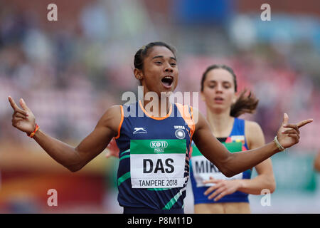 Tampere. 12. Juli 2018. Hima Das aus Indien konkurriert während der Frauen 400 m-Finale bei der IAAF (Internationaler Verband der Athletik-vereinigungen) Welt U20 Meisterschaften in Tampere, Finnland am 12. Juli 2018. Das gewann die Goldmedaille mit 51.46 Sekunden. Credit: Matti Matikainen/Xinhua/Alamy leben Nachrichten Stockfoto