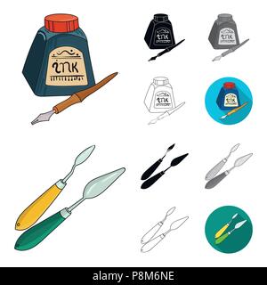 Maler und Zeichnung Cartoon, schwarz, flach, monochrom, umriss Symbole im Set Sammlung für Design. Künstlerische Zubehör vektor Symbol lieferbar Abbildung. Stock Vektor