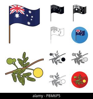 Land Australien Cartoon, schwarz, flach, monochrom, umriss Symbole im Set Sammlung für Design. Reisen und Sehenswürdigkeiten vektor Symbol lieferbar Abbildung. Stock Vektor