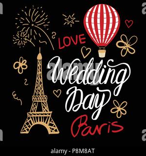 Hochzeitstag in einem klassischen Pariser Stil Mode. Vektorgrafiken Elemente Eiffelturm, Heißluftballon und Beschriftung. Stock Vektor