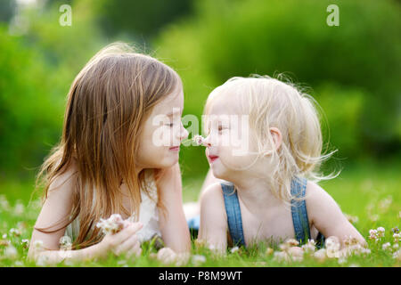 Zwei süße kleine Schwestern Spaß beim mit in das Gras an einem sonnigen Sommertag Stockfoto