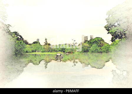Abstrakte farbenfrohe Baum und Gebäude in der Stadt auf Aquarell illustration Malerei Hintergrund. Stockfoto