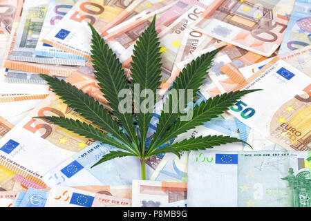 Das Geschäft von Cannabis. Ein Cannabis leaf auf viele Euro Rechnungen. Stockfoto