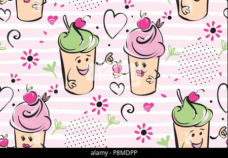 Mädchen und junge Eis Charakter und Kirsche, rosa Streifen, Herz. Der junge gibt die Kirsche zu dem Mädchen. Nahtlose schwarz weiß rosa Muster für Kinder, Erwachsene, Caffee Stock Vektor