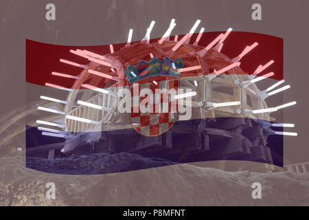 Double Exposure der kroatischen Flagge und jubelnden Menge Stockfoto