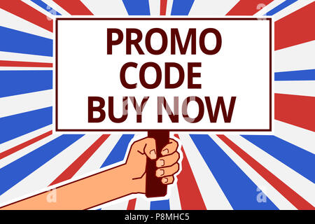 Handschrift text Promo Code Jetzt kaufen. Konzept Sinn geben großen Rabatt durch Eingabe spezieller Wörter Papier text Hauptstadt Plakate Schilder announceme Stockfoto
