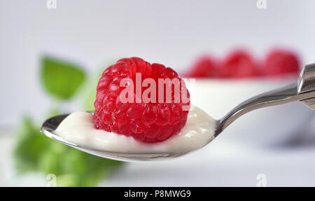 Löffel gefüllt mit Joghurt und eine Himbeere auf der Oberseite mit unscharfen frische Minze und Himbeeren aus weisser Keramik Schüssel Stockfoto