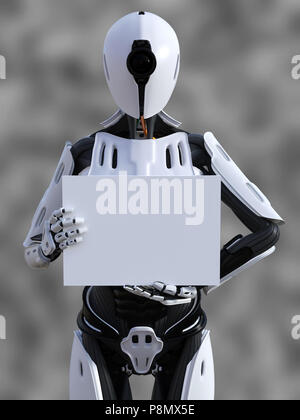3D-Rendering für eine weibliche Android Roboter Holding ein leeres Zeichen in die Hand gegen einen grauen Hintergrund. Stockfoto