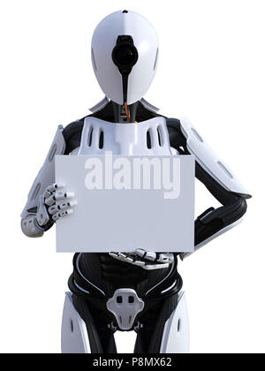 3D-Rendering für eine weibliche Android Roboter Holding ein leeres Zeichen in der Hand. Weißer Hintergrund. Stockfoto