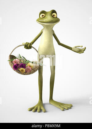 3D-Rendering mit einem lächelnden, cartoon Frosch Holding einen Korb von Carnation Blüten. Weißer Hintergrund. Stockfoto