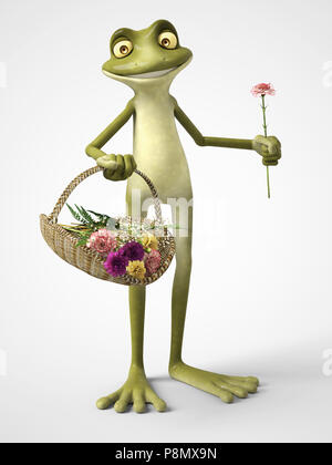 3D-Rendering mit einem lächelnden, cartoon Frosch Holding die Nelke in der einen Hand und ein Korb mit Nelke Blumen in der anderen. Weißer Hintergrund. Stockfoto