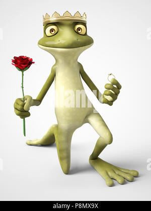 3D-Rendering mit einem lächelnden, romantische cartoon Frog Prince hält eine rote Rose in der Hand und einem Ring in der anderen. Er ist unten auf einem Knie vorzuschlagen. Whi Stockfoto