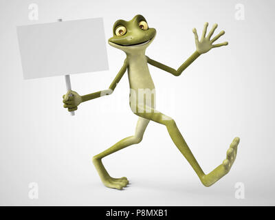 3D-Rendering mit einem lächelnden, cartoon Frosch Holding ein leeres Zeichen in seiner Hand. Weißer Hintergrund. Stockfoto