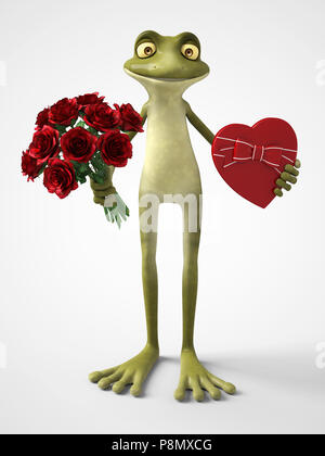 3D-Rendering mit einem lächelnden, romantische cartoon Frosch rote, herzförmige Chocolate Box in der einen Hand und einen Strauß Rosen in der anderen Hand. Weiß Stockfoto