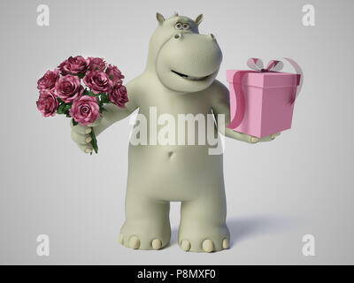 3D-Rendering der romantischen Cartoon hippo mit einem Blumenstrauß aus Rosen in der einen Hand und ein Geschenk in der anderen. Weißer Hintergrund. Stockfoto