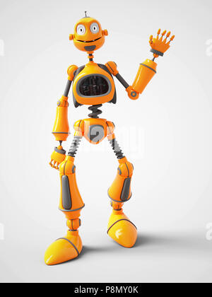 3D-Rendering von einer gelben lächelnd cartoon Roboter winken Hallo. Weißer Hintergrund. Stockfoto