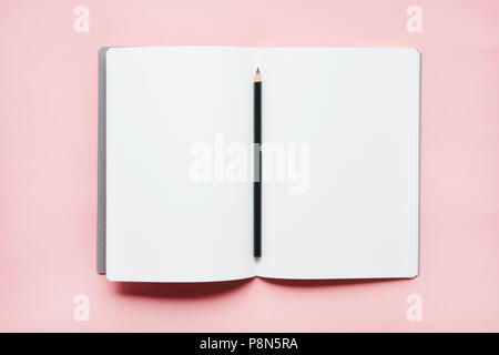 Bleistift auf offenem Notizbuch Stockfoto