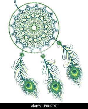 Vector Illustration eines Dreamcatcher mit Pfauenfedern auf weißem Hintergrund Stock Vektor