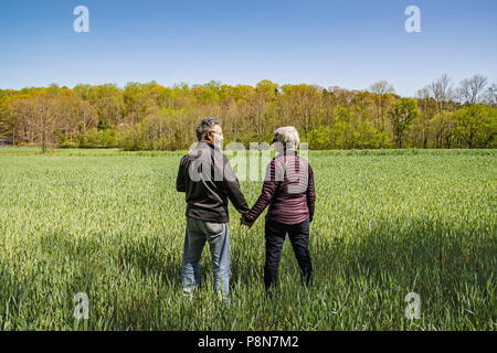 Reifes Paar Hände halten IN FELD, WINSTON - SALEM, NC, USA Stockfoto