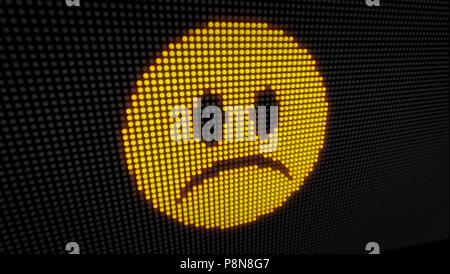 Emoticon traurige Gesicht auf große LED-Anzeige mit großen Pixeln. Helles Licht Traurigkeit Ausdruck Symbol auf Glühbirnen stilisierte Darstellung 3D Darstellung. Stockfoto