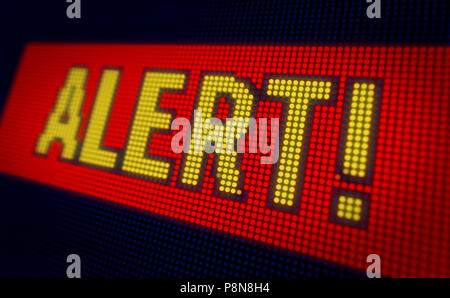 Alert Wort auf große LED-Anzeige mit großen Pixeln. Helles Licht Warnung Texte auf Lampen stilisierten 3D-Abbildung. Stockfoto