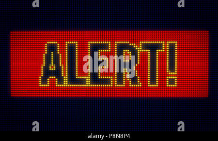 Alert Wort auf große LED-Anzeige mit großen Pixeln. Helles Licht Warnung Texte auf Lampen stilisierten 3D-Abbildung. Stockfoto
