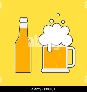 Bier Flasche und Glas Bier. Bier-Symbol. Mock up Glas Bier. Symbol Vorlage Logo. Isolierte Vector Illustration. Stock Vektor