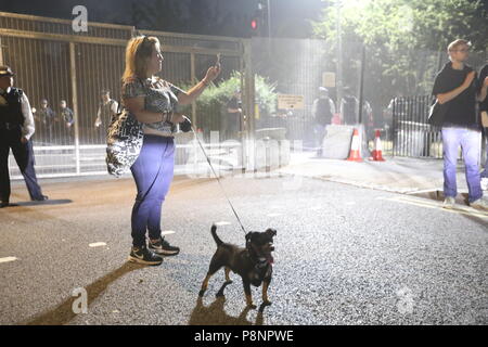 Eine Frau Uhren die Demonstranten auf Ihrem Telefon außerhalb der US-Botschafter in Regent's Park, London, als Teil der Proteste gegen den Besuch von US-Präsident Donald Trump nach Großbritannien. Stockfoto