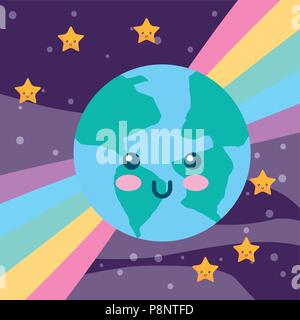 Kawaii Planet Erde Regenbogen und Sterne Vector Illustration Stock Vektor