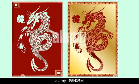 Drachen, Hintergrund, Vector, Rot, Gold, Abbildung Stock Vektor