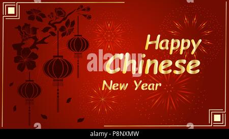 Grußkarte, mit kleine Lampe Zweig einer orientalischen Cherry. text-happy Chinese New Year. Stock Vektor