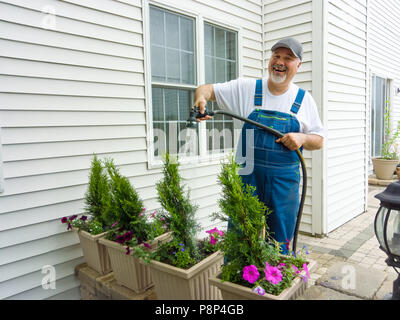 Glückliche Menschen genießen die Bewässerung seiner Topfpflanzen im Freien auf der Terrasse mit bunten Petunien und immergrüne thuja Bäume mit einem Gartenschlauch und Sprühen Stockfoto