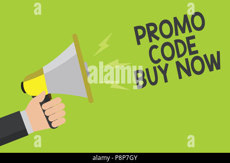 Handschrift text Promo Code Jetzt kaufen. Konzept Sinn geben großen Rabatt durch Eingabe spezieller Wörter Ankündigung Symbol Lautsprecher alarmierende Warnzeichen Stockfoto