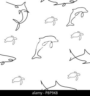 Meerestier Muster Nahtlose. Haie, Delfine, Schildkröten. Vector Illustration. Isoliert weißer Hintergrund. Stock Vektor