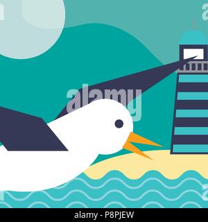 Nautical Maritime design Leuchtturm Meer Sand gull flying Vector Illustration Stock Vektor