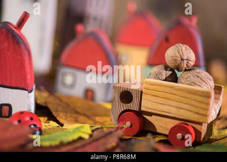 Spielplatz für Kinder, Anordnung von bemalten Spielzeug Holzhäuser, Lkw mit Muttern, Marienkäfer auf der Blätter im Herbst. Kindheit Konzept Stockfoto