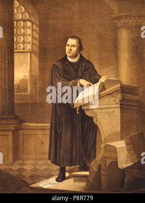 Dr. Martin Luther, full-length Portrait, stehend, mit leicht nach links, Lesen in der Kirche. ca 1882 Stockfoto