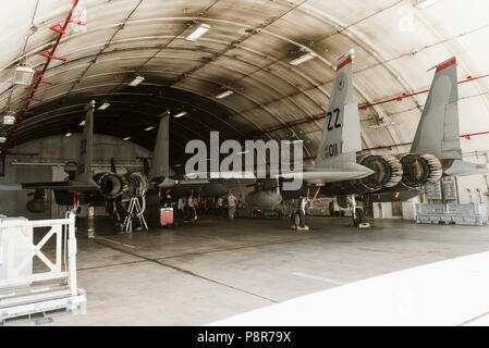 Betreuer aus dem 18 Aircraft Maintenance Squadron, store F-15C Adler in schützenden Flugzeuge Unterstände in der Vorbereitung für Typhoon Maria Juli 9, 2018, bei Kadena Air Base, Japan. Taifune sind tropische Wirbelstürme, die Winde von mindestens 120 km/h. Der Unterschied zwischen einem Taifun und Hurrikan ist der Ort, wo der Sturm auftritt. (U.S. Air Force Foto von älteren Flieger Omari Bernard) Stockfoto