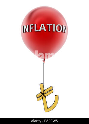 Rot fliegenden Ballon mit gebunden Türkische Lira Symbol. 3D-Darstellung. Stockfoto
