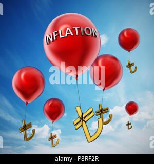 Rote Luftballons fliegen mit gebunden Türkische Lira Symbol. 3D-Darstellung. Stockfoto
