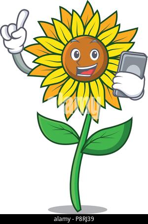 Mit phone Sonnenblume Charakter Cartoon Stil Stock Vektor