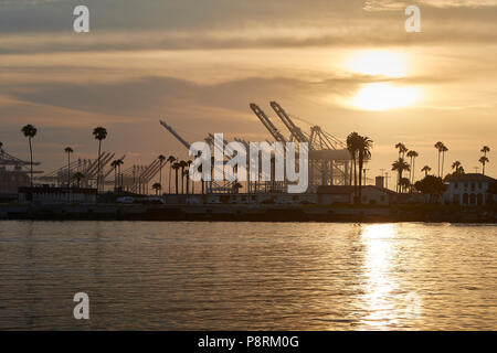 Sonnenaufgang über dem Container Terminal im Hafen von Los Angeles, Terminal Insel im Vordergrund. Stockfoto