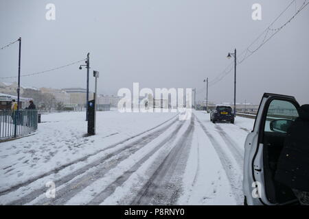 Promenade Teignmouth Devon, Großbritannien 2018 Schnee Szene Stockfoto