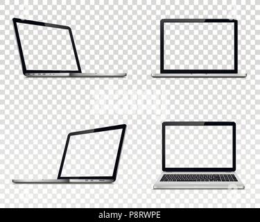 Der Laptop mit transparenten Bildschirm. Perspektive, Ansicht von vorne. Auf transparentem Hintergrund isoliert. Vector Illustration EPS 10. Stock Vektor