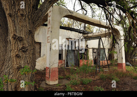 Zweige und Unkraut Surround eine verlassene Cafe in der ruhigen Weg 66 Stadt Alanreed, Texas. Die Texas Panhandle Stadt liegt östlich von Amarillo. Stockfoto