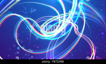 Eine spannende 3d-Abbildung der bunten Regenbogen Streifen, welligen Kurven und Schleifen in den blauen Hintergrund. Einige kristalline klare Punkte sind hochfliegend b Stockfoto