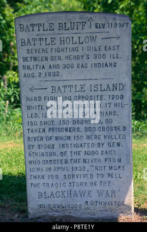 Black Hawk Krieg, Schlacht von schlechten Axt memorial Marker, Wisconsin. Foto Stockfoto
