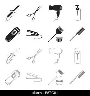 Verkleidung, haare färben, Kamm, Haarglätter. Friseur set Sammlung Icons in Schwarz, Outline style Vektor Symbol lieferbar Abbildung. Stock Vektor