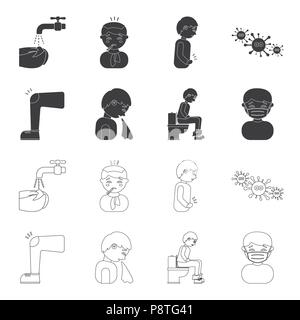Ein Fuß mit einem Bluterguss im Knie, Niesen krank, ein Mann auf der Toilette sitzen, ein Mann in einem medizinischen Maske. Sick set Sammlung Icons in Schwarz, umriss Styl Stock Vektor